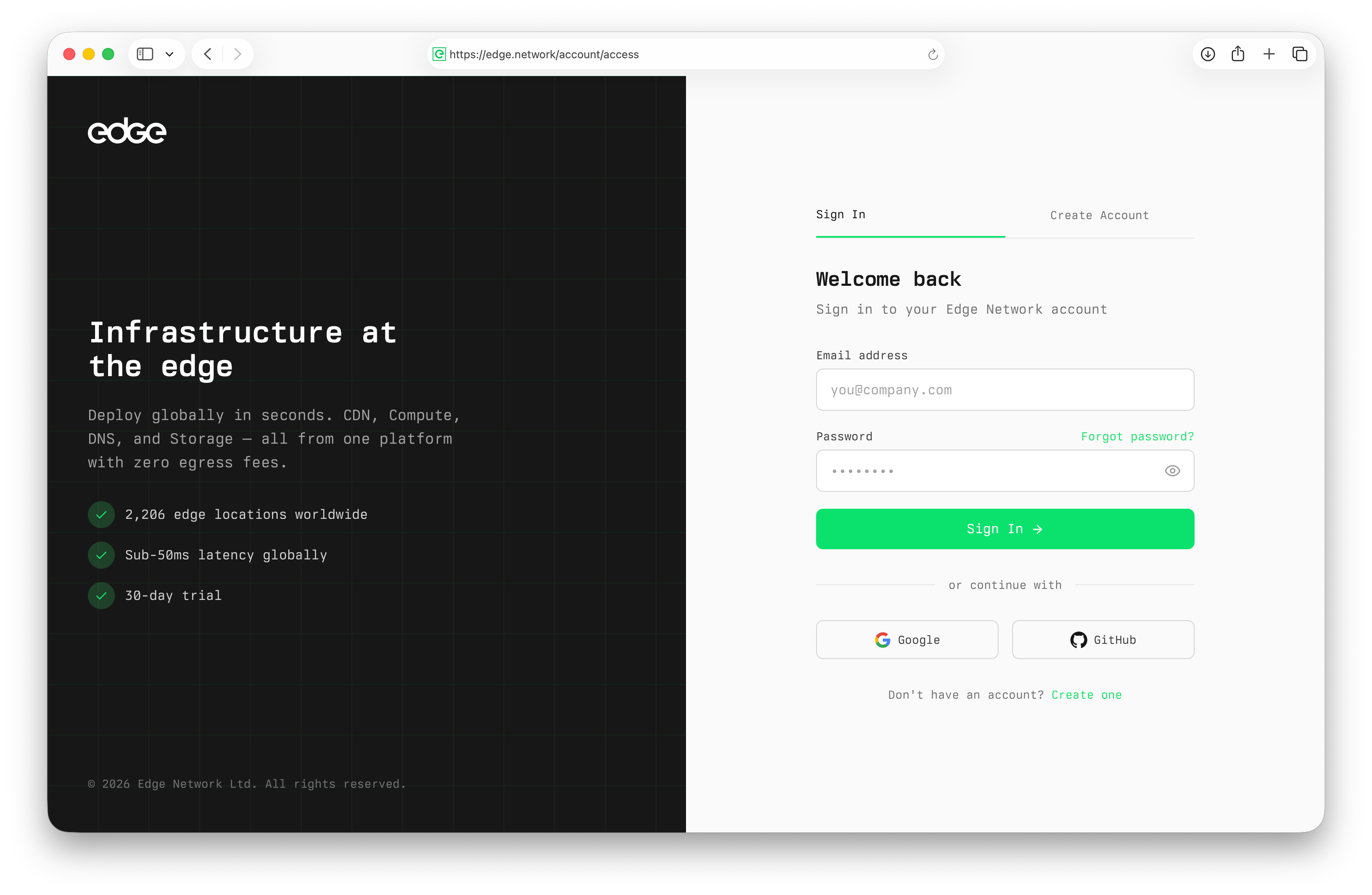 Edge homepage with Get Started button