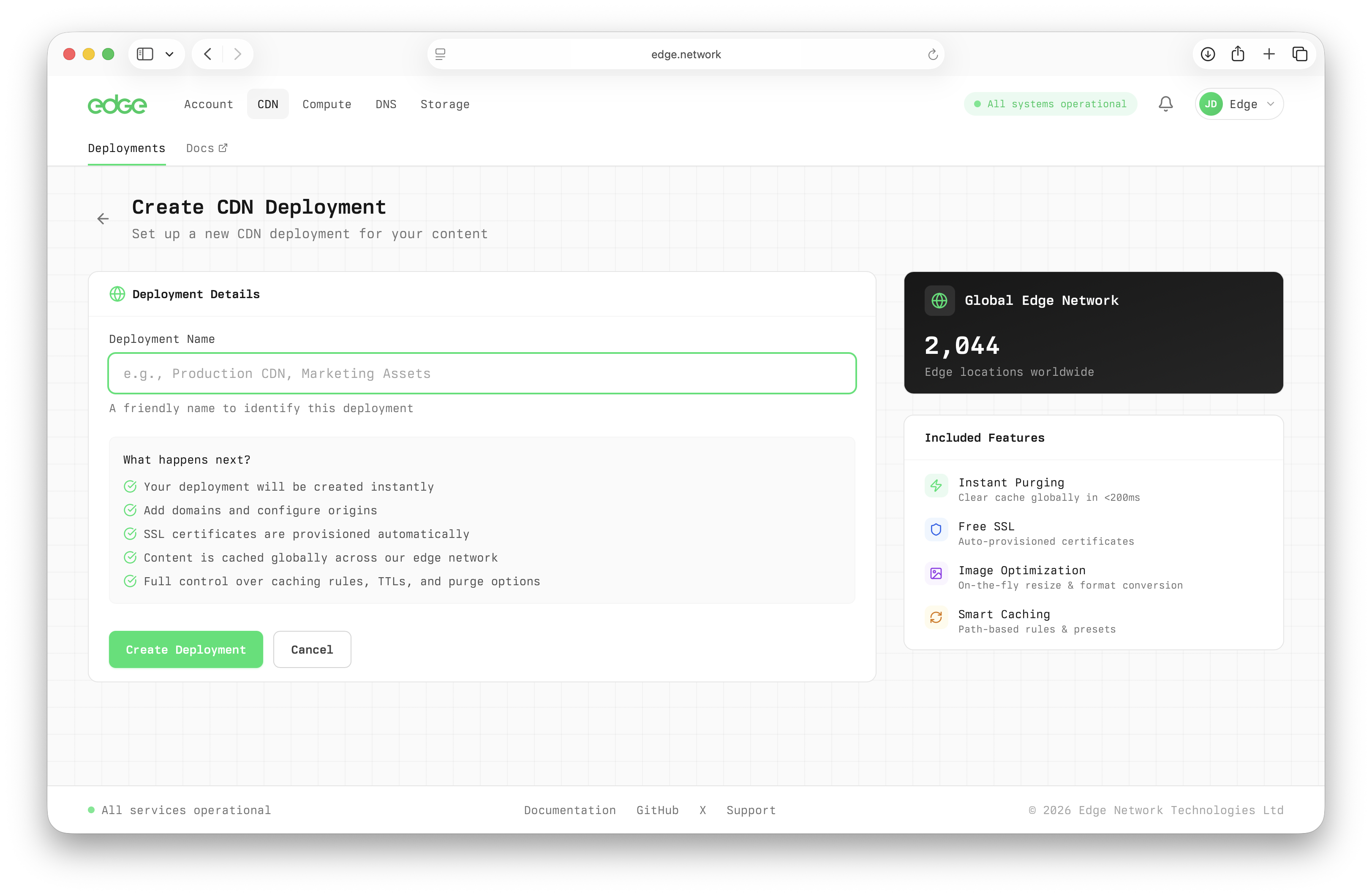 Create CDN Deployment form